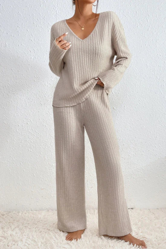 Ensemble d'intérieur femme en maille côtelée, haut et pantalon
