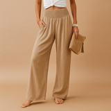 Pantalon large femme en lin à taille élastique, coupe fluide