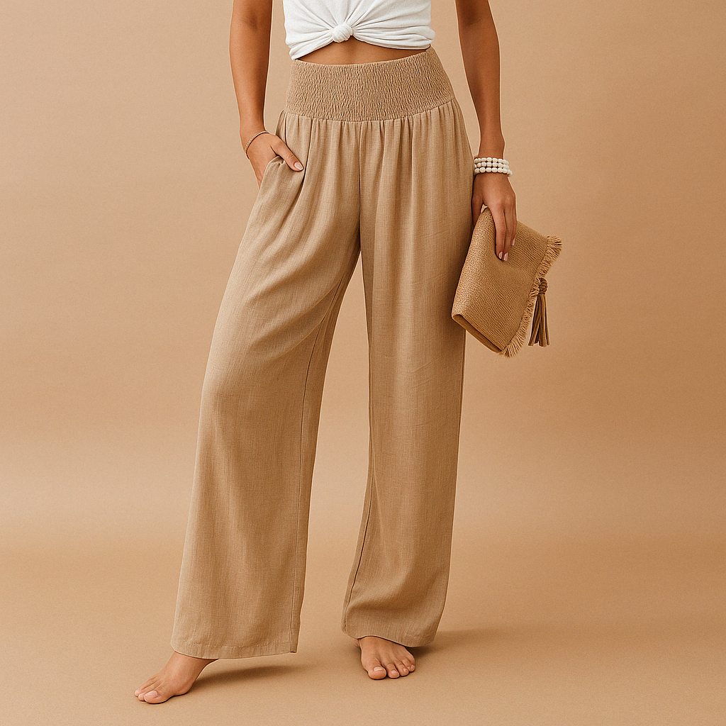 Pantalon large femme en lin à taille élastique, coupe fluide