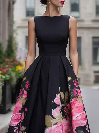Antoinette | Robe Midi Fleurie Plissée Noire