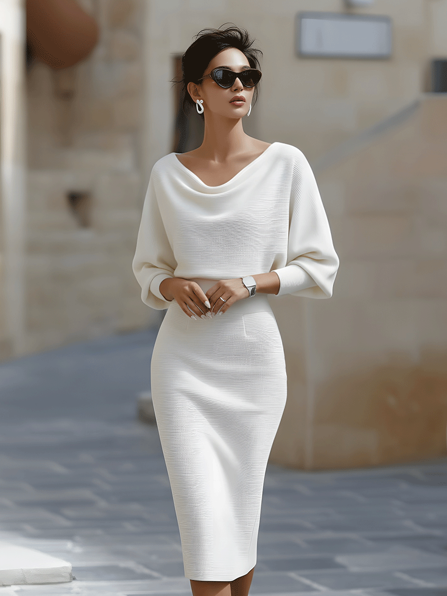Isaline | Robe midi femme chic à manches chauve-souris drapées