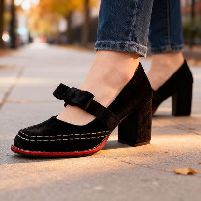 Laurentine | Mocassins Velours Talon Bloc à Nœud