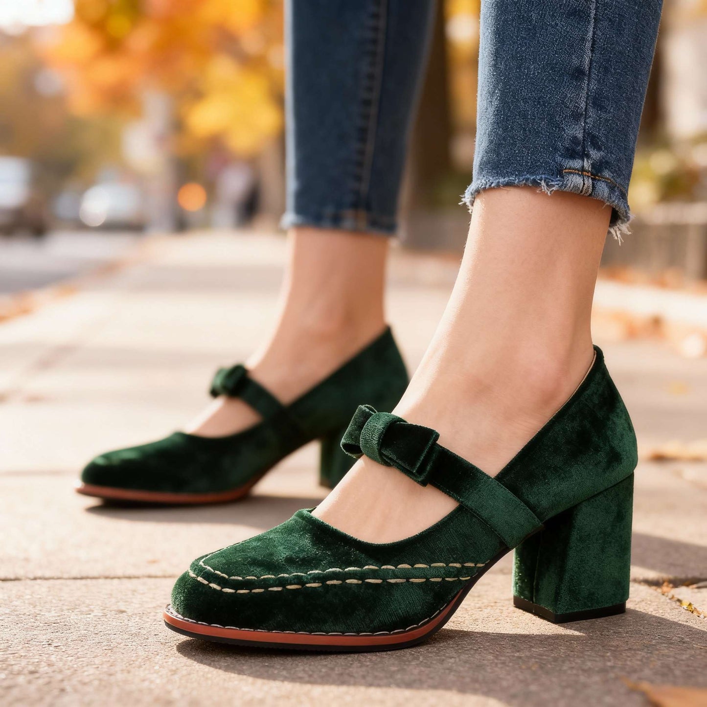 Laurentine | Mocassins Velours Talon Bloc à Nœud