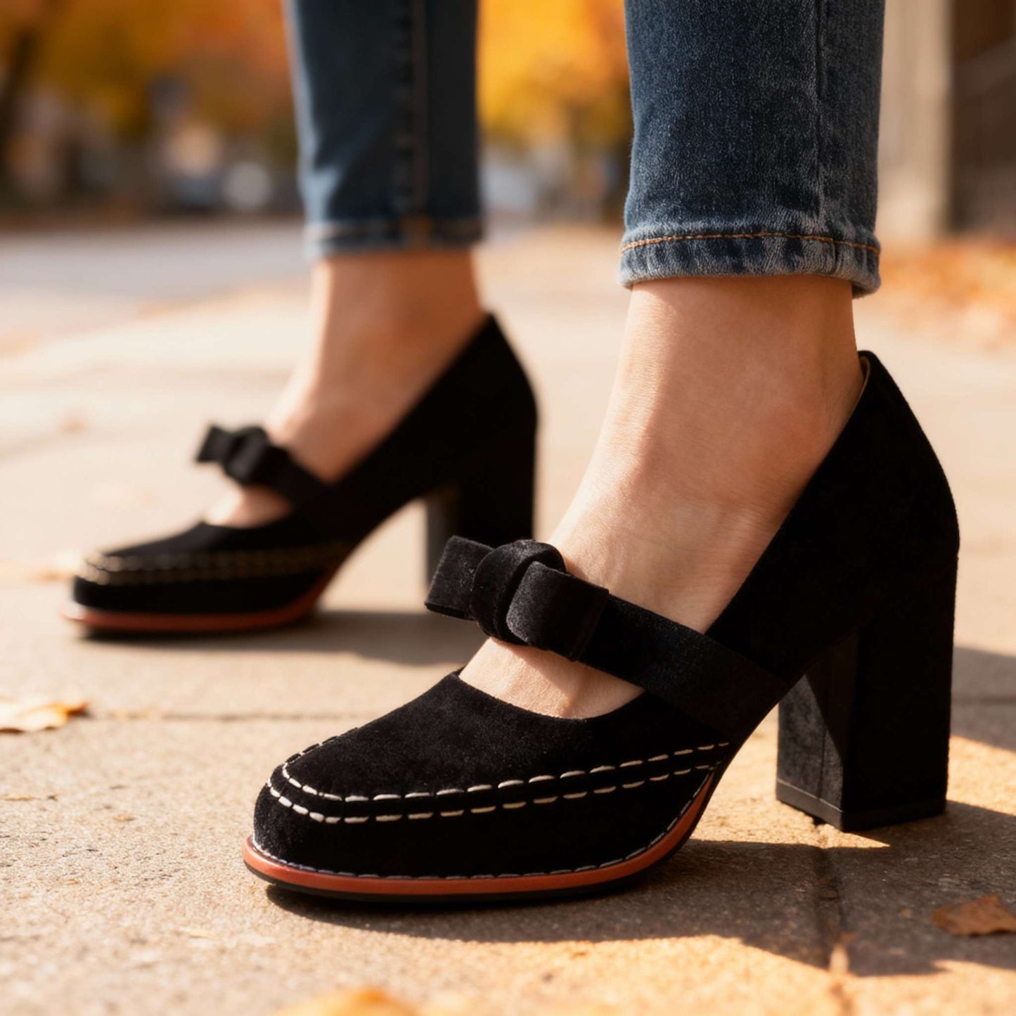Laurentine | Mocassins Velours Talon Bloc à Nœud