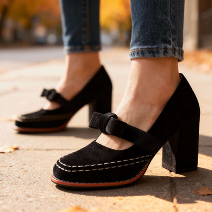 Laurentine | Mocassins Velours Talon Bloc à Nœud