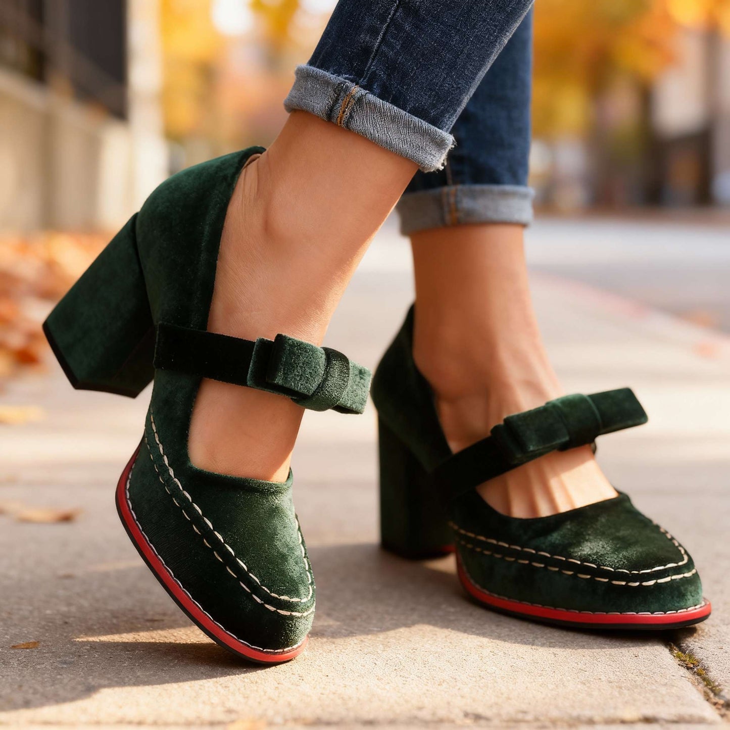Laurentine | Mocassins Velours Talon Bloc à Nœud