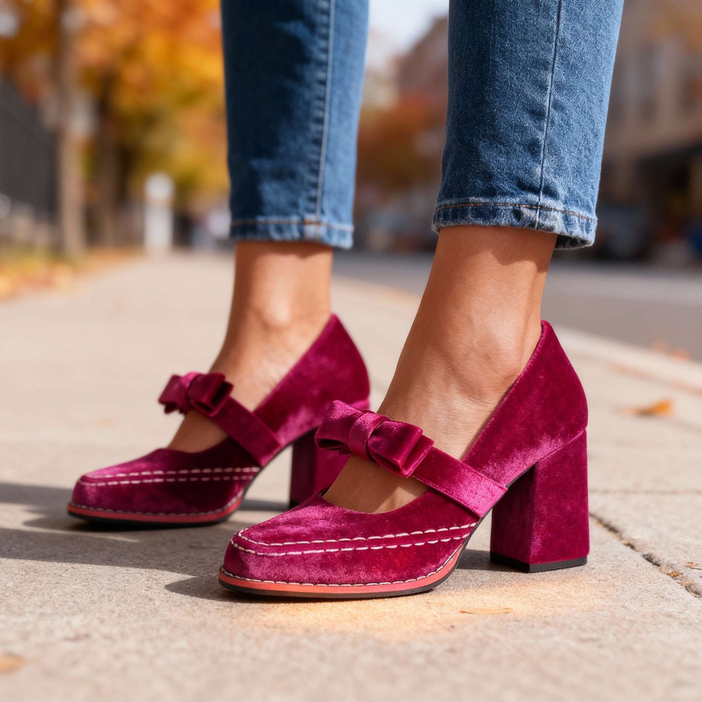 Laurentine | Mocassins Velours Talon Bloc à Nœud