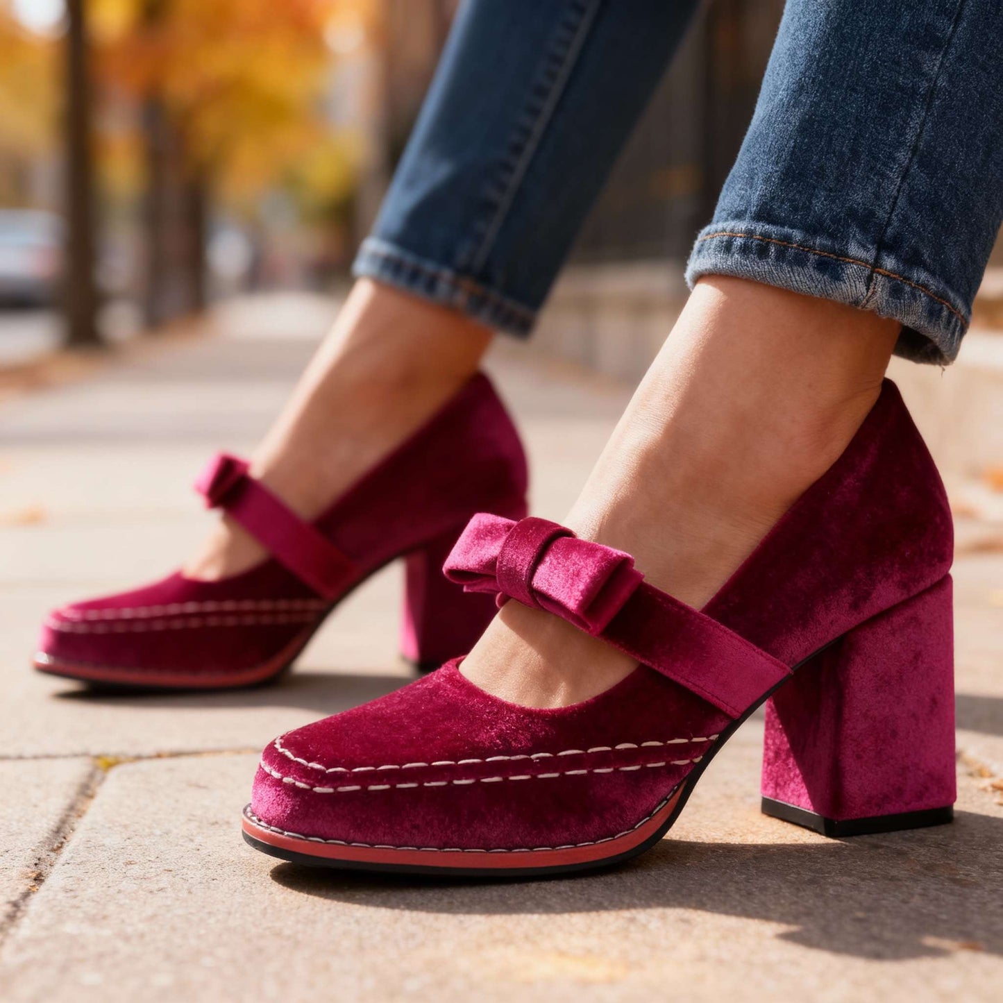 Laurentine | Mocassins Velours Talon Bloc à Nœud