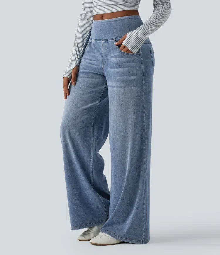 Jean large femme taille mi-haute délavé, coupe ample à poches