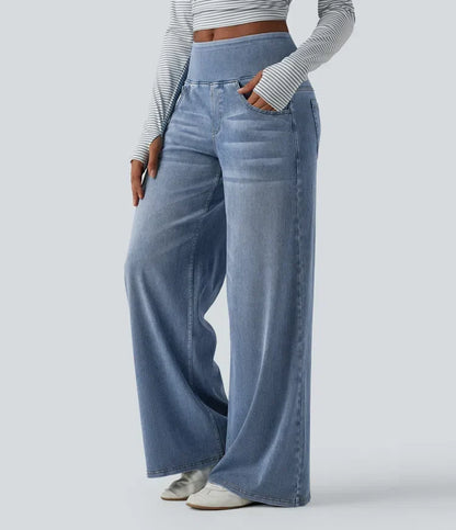 Jean large femme taille mi-haute délavé, coupe ample à poches
