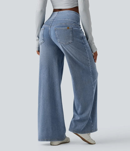 Détail de la taille mi-haute et de la braguette du jean large