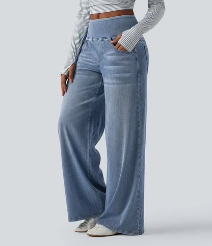 Jean large délavé, détail de la ceinture à passants