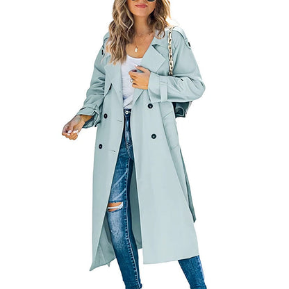 Trench long femme ceinturé à double boutonnage et col cranté