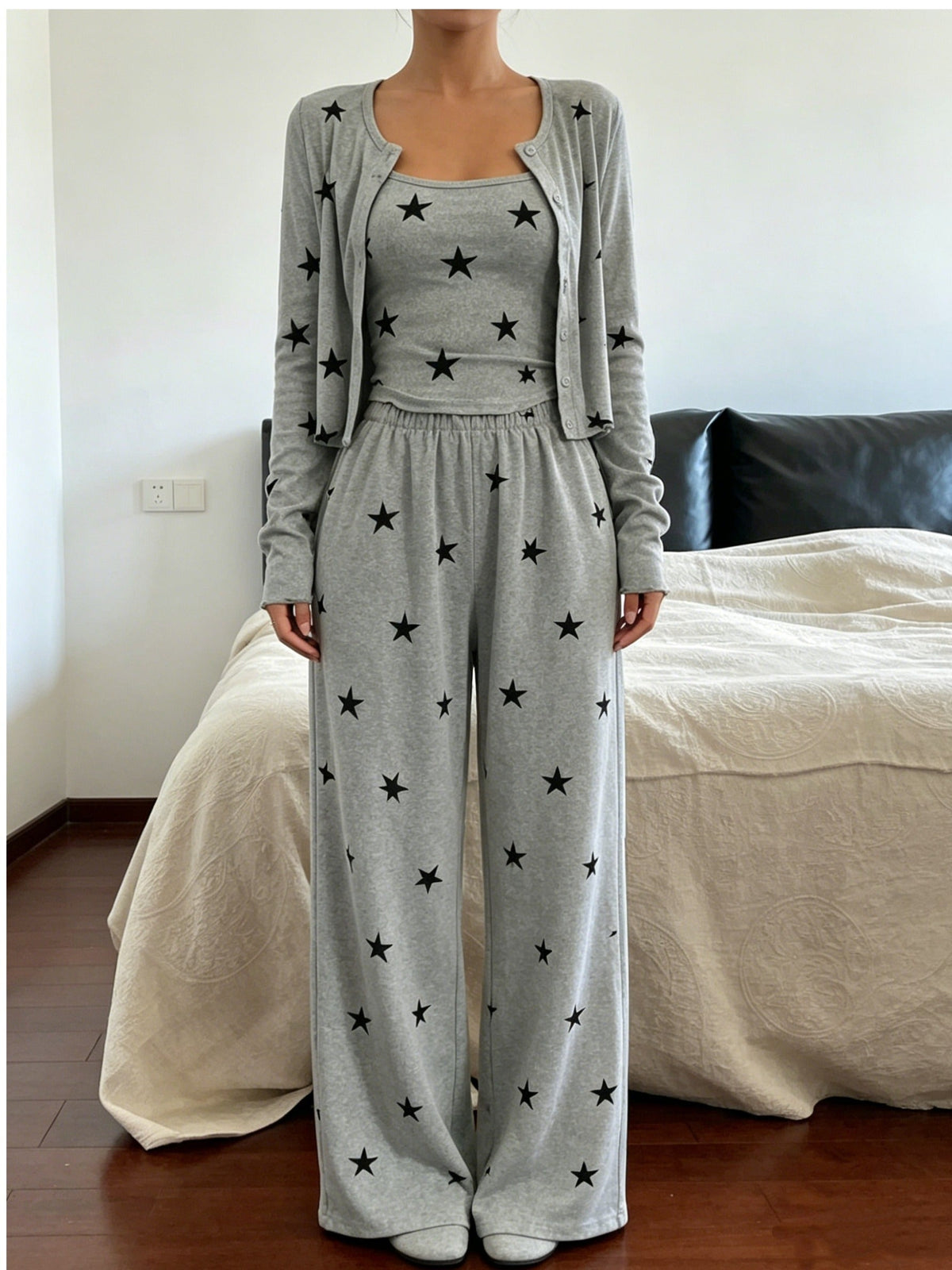Ensemble pyjama femme trois pièces imprimé avec gilet long