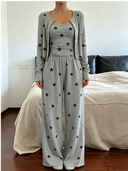 Ensemble pyjama femme trois pièces imprimé avec gilet long