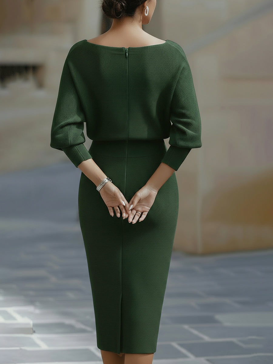 Isaline | Robe midi femme chic à manches chauve-souris drapées