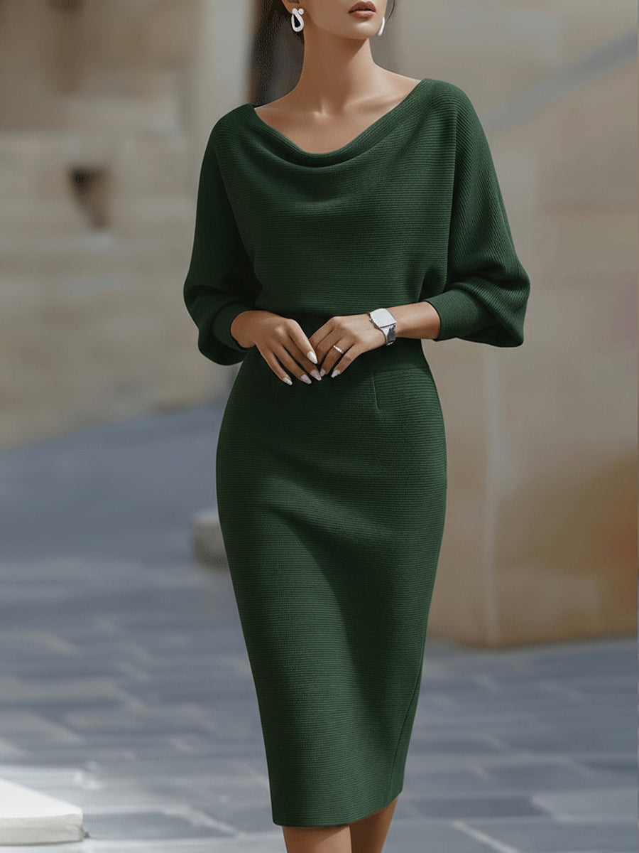 Isaline | Robe midi femme chic à manches chauve-souris drapées