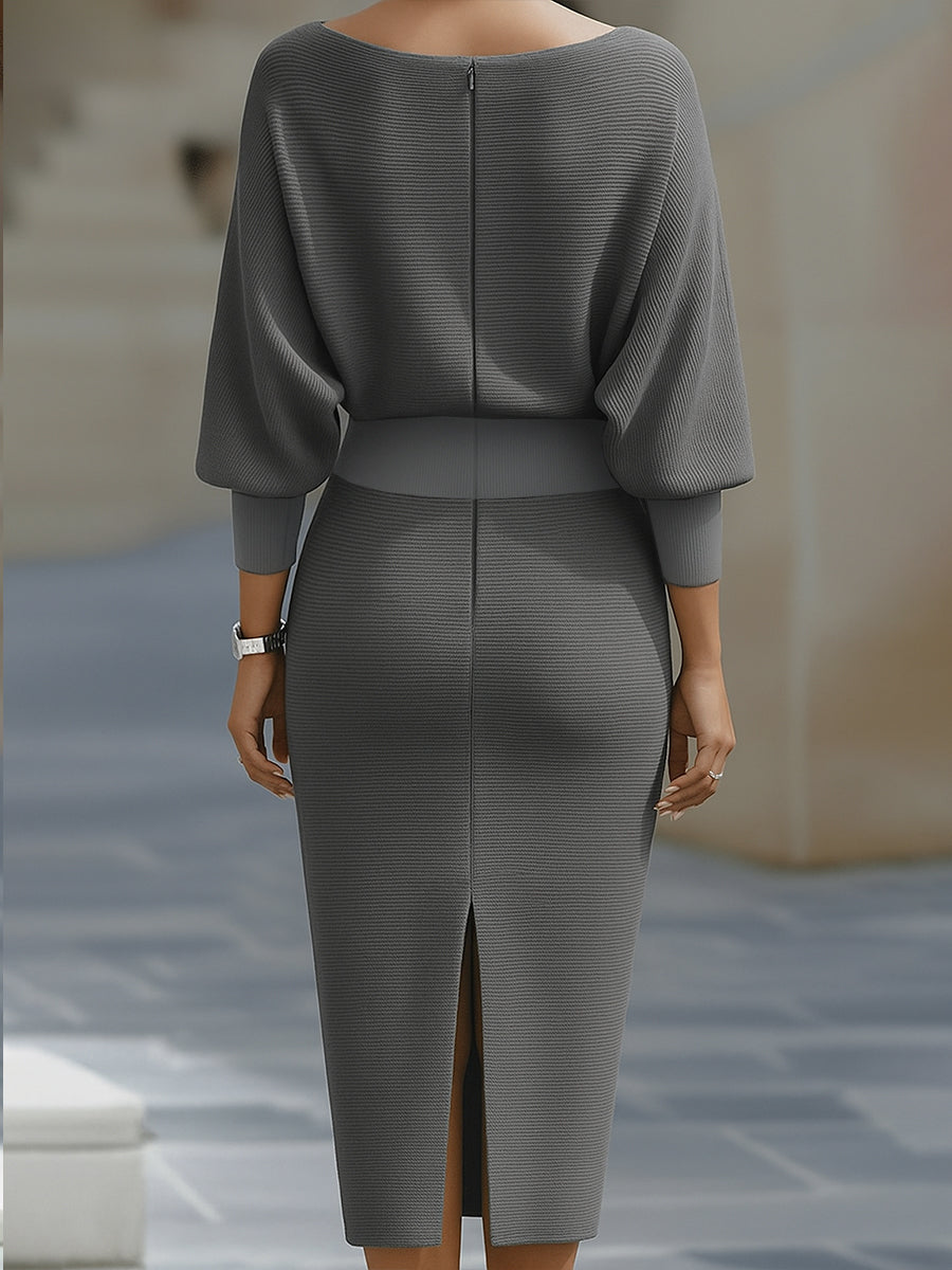 Isaline | Robe midi femme chic à manches chauve-souris drapées