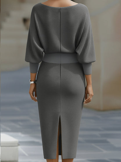 Isaline | Robe midi femme chic à manches chauve-souris drapées