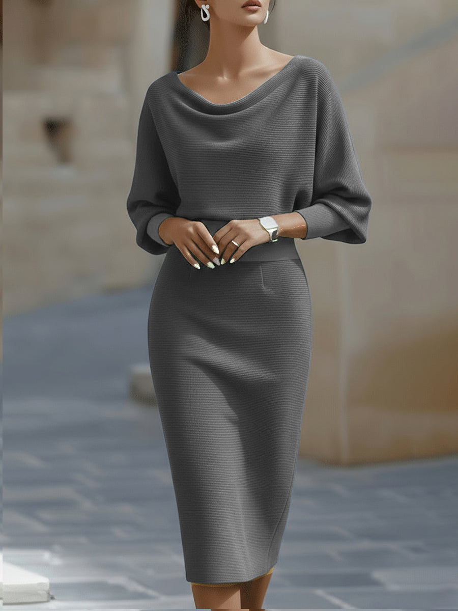 Isaline | Robe midi femme chic à manches chauve-souris drapées