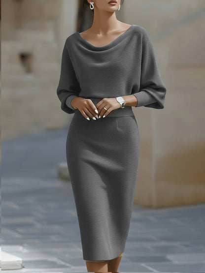 Isaline | Robe midi femme chic à manches chauve-souris drapées