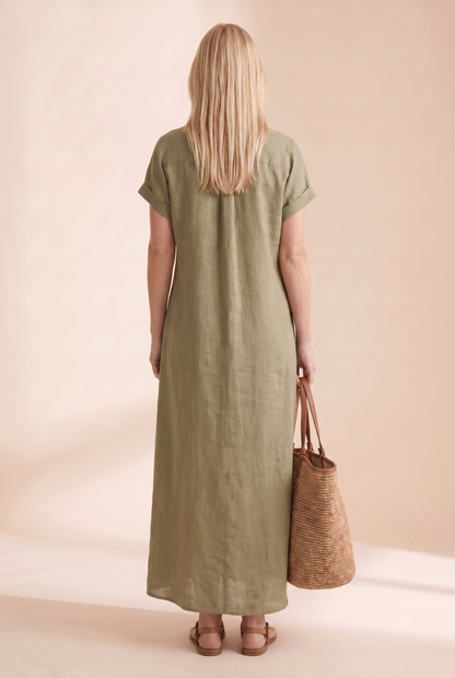 Jonquille | Robe Longue Chemise Lin Manches Courtes