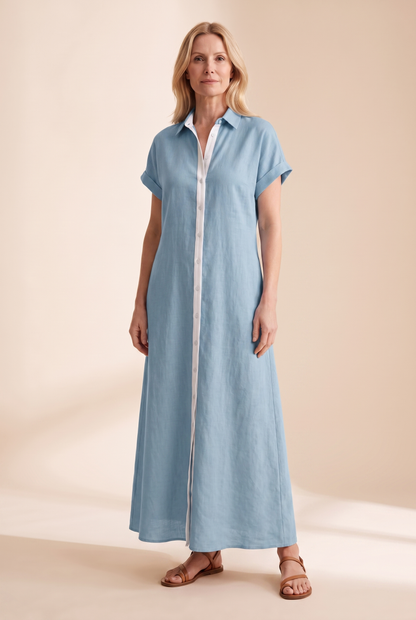 Jonquille | Robe Longue Chemise Lin Manches Courtes