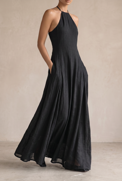 Richilde | Robe Longue Lin Col Halter Noire