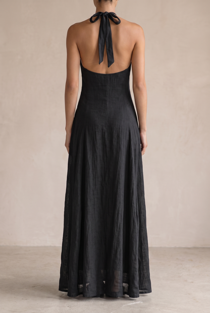 Richilde | Robe Longue Lin Col Halter Noire
