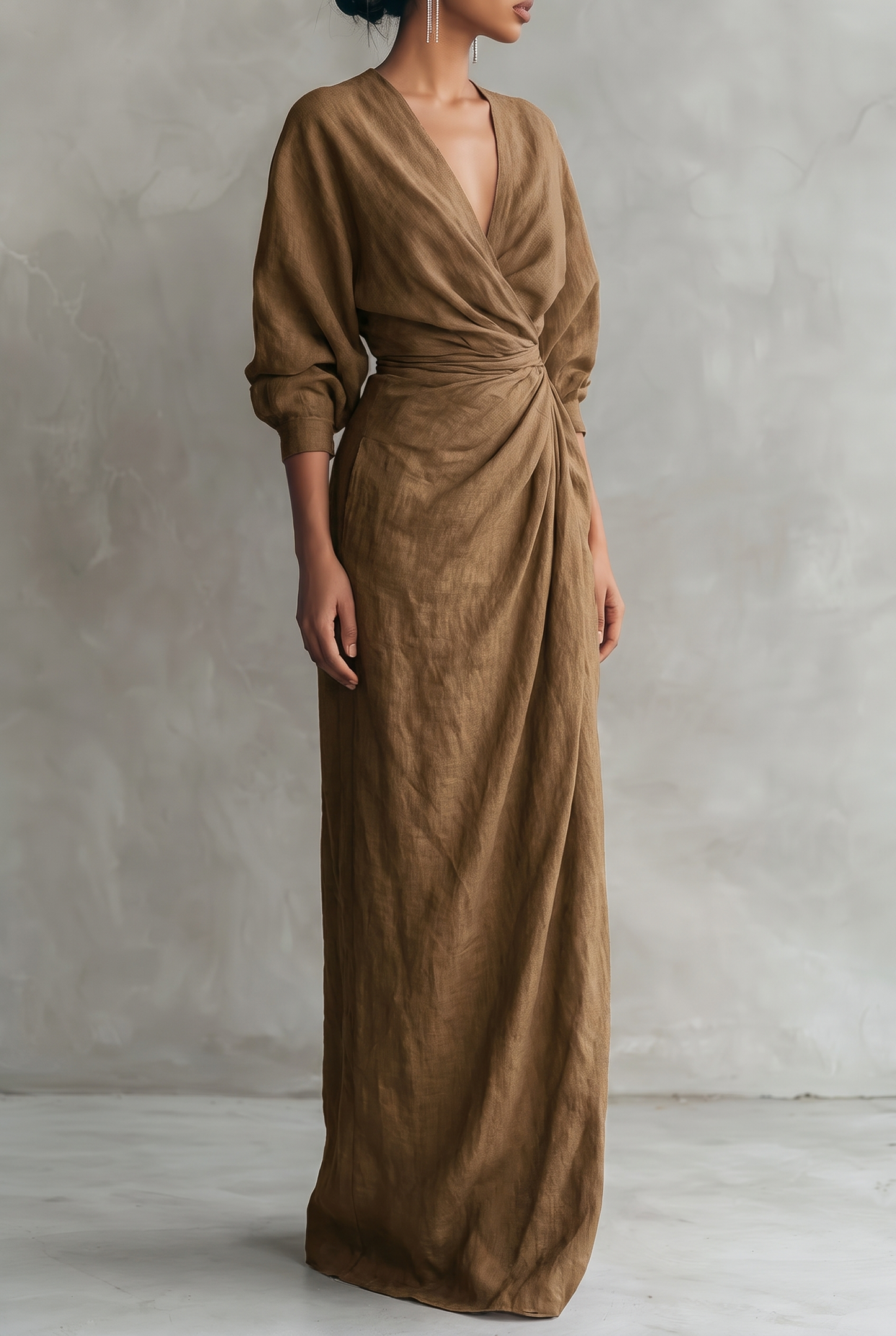 Adelise | Robe Longue Lin Col V Manches Mi-Longues