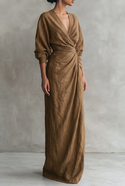 Adelise | Robe Longue Lin Col V Manches Mi-Longues
