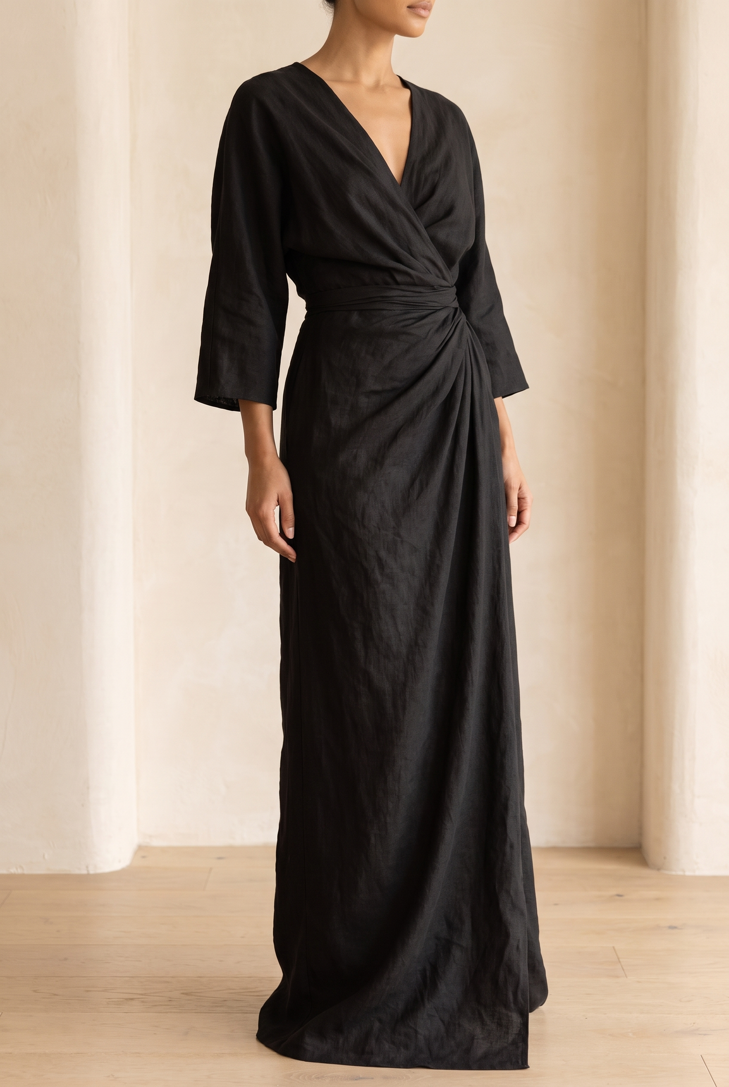 Adelise | Robe Longue Lin Col V Manches Mi-Longues