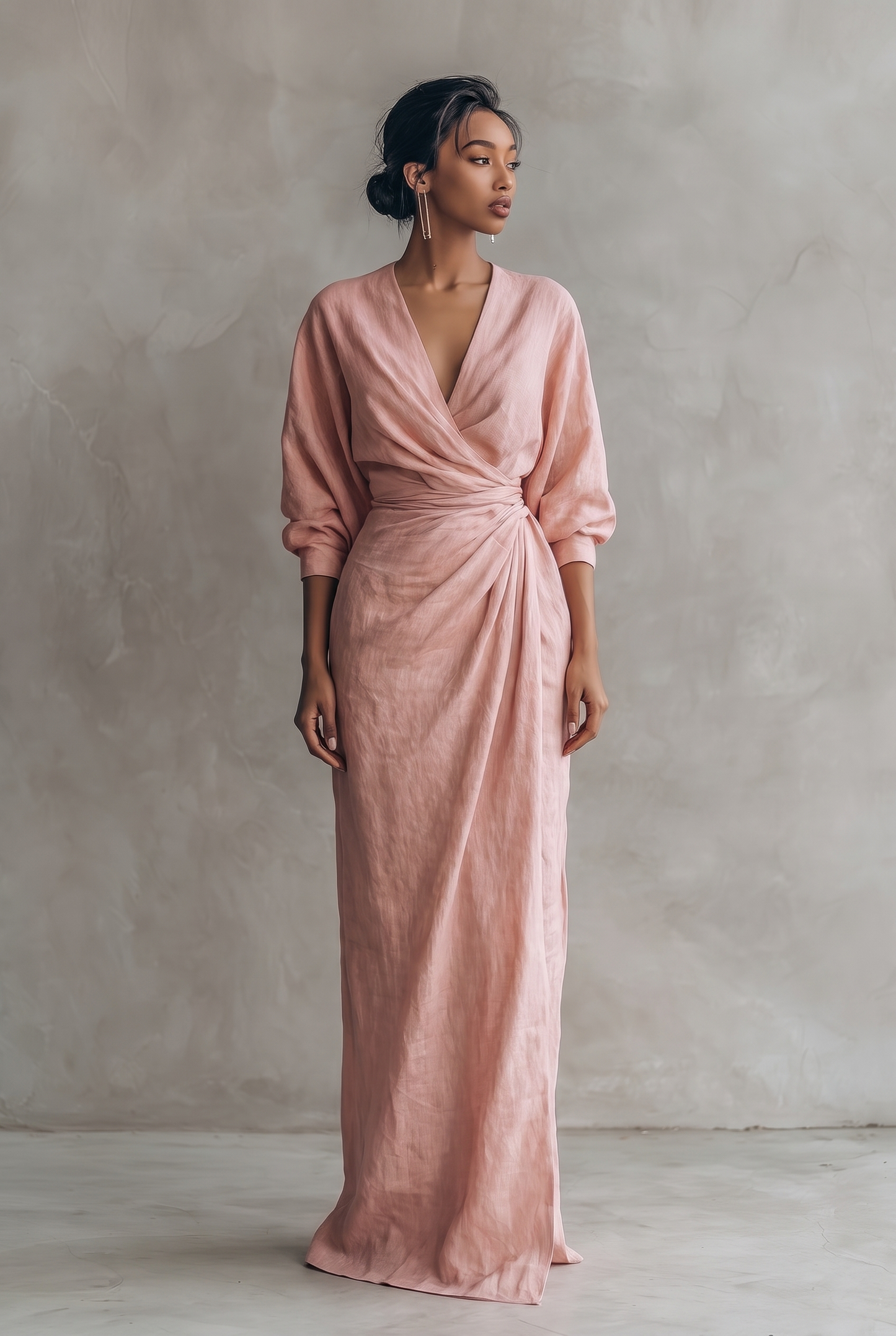 Adelise | Robe Longue Lin Col V Manches Mi-Longues