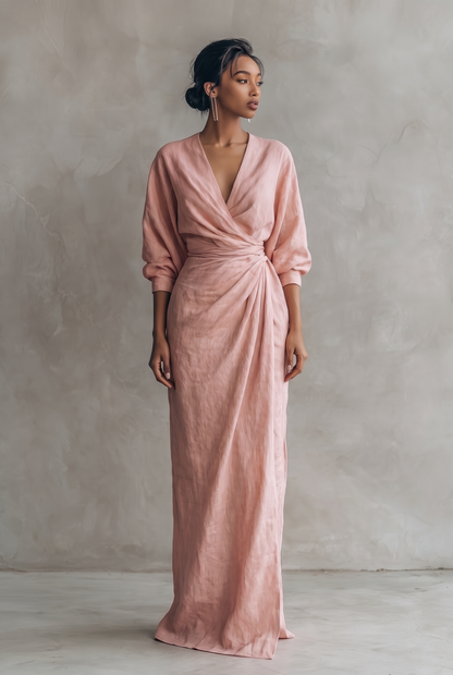 Adelise | Robe Longue Lin Col V Manches Mi-Longues