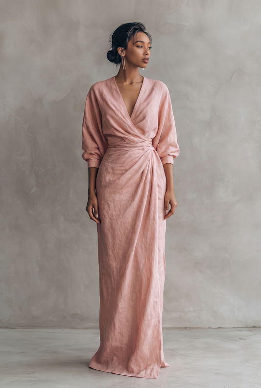 Adelise | Robe Longue Lin Col V Manches Mi-Longues