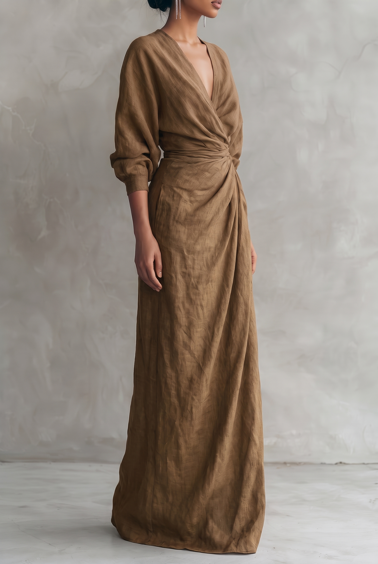 Adelise | Robe Longue Lin Col V Manches Mi-Longues