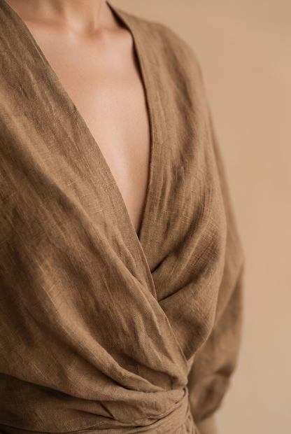 Adelise | Robe Longue Lin Col V Manches Mi-Longues