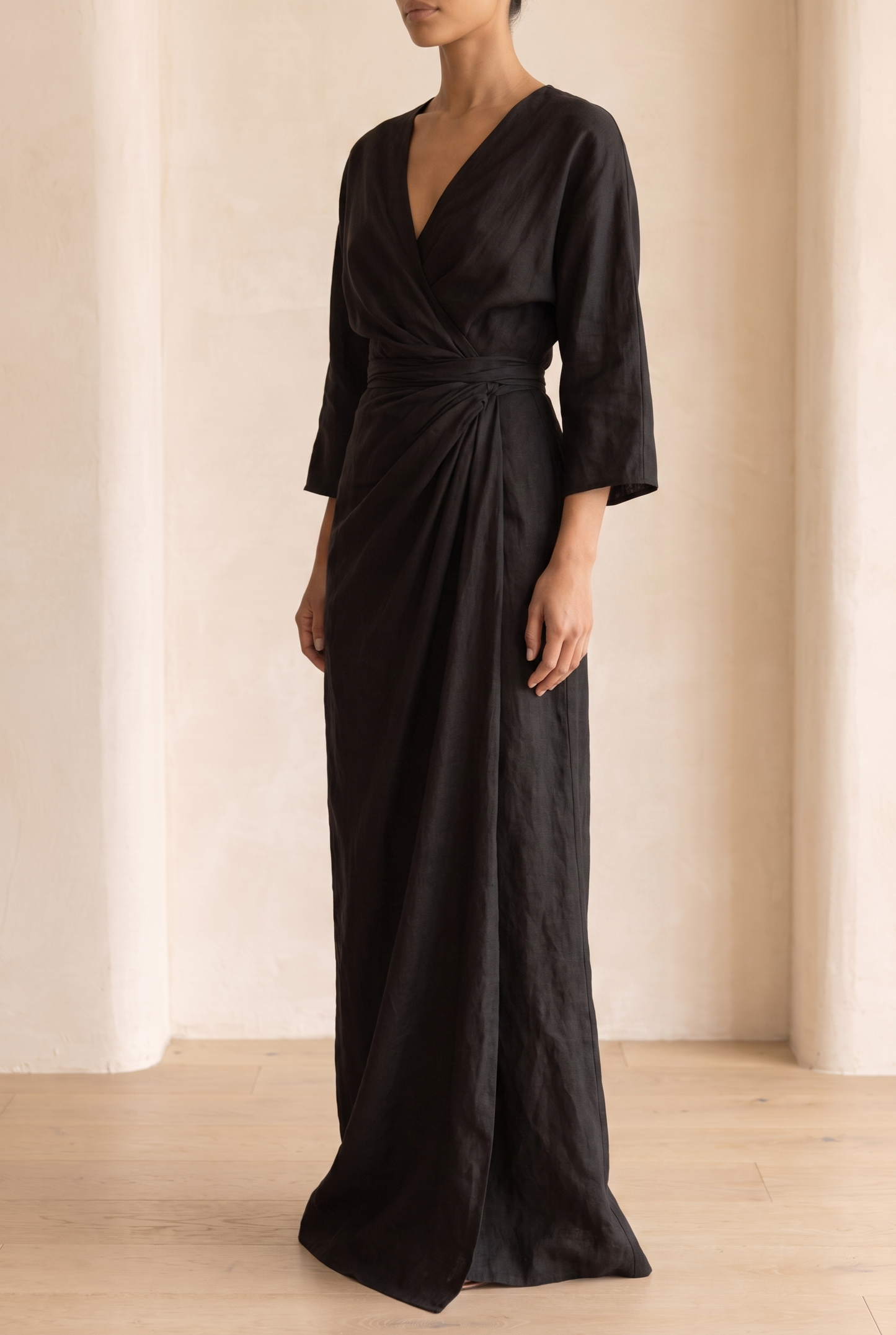Adelise | Robe Longue Lin Col V Manches Mi-Longues