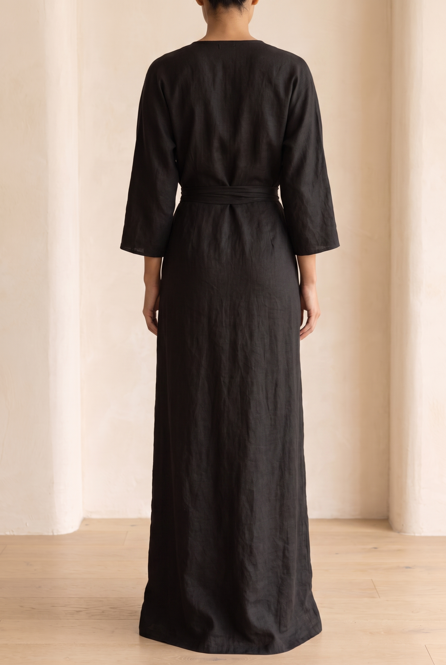 Adelise | Robe Longue Lin Col V Manches Mi-Longues