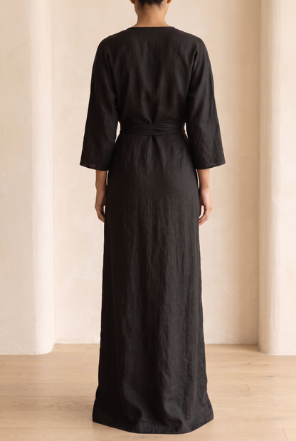 Adelise | Robe Longue Lin Col V Manches Mi-Longues