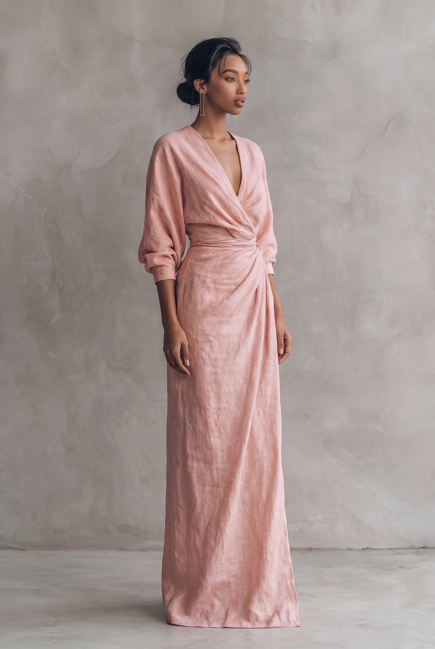 Adelise | Robe Longue Lin Col V Manches Mi-Longues