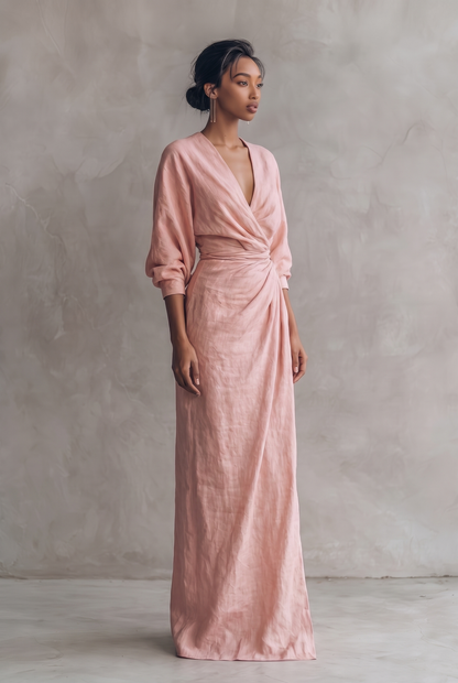 Adelise | Robe Longue Lin Col V Manches Mi-Longues