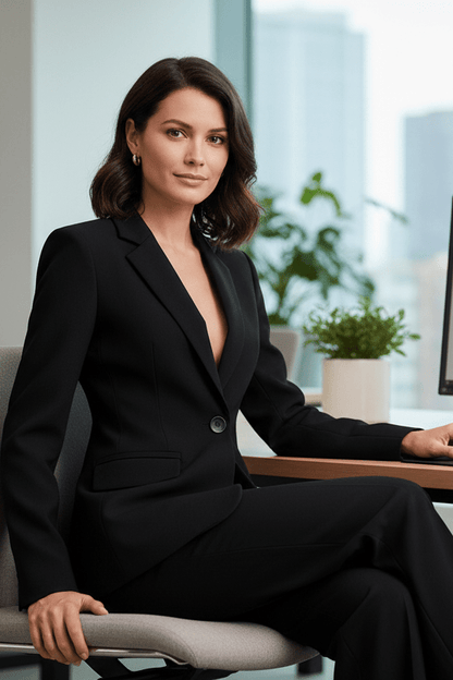 Tailleur blazer et pantalon ajusté porté de face