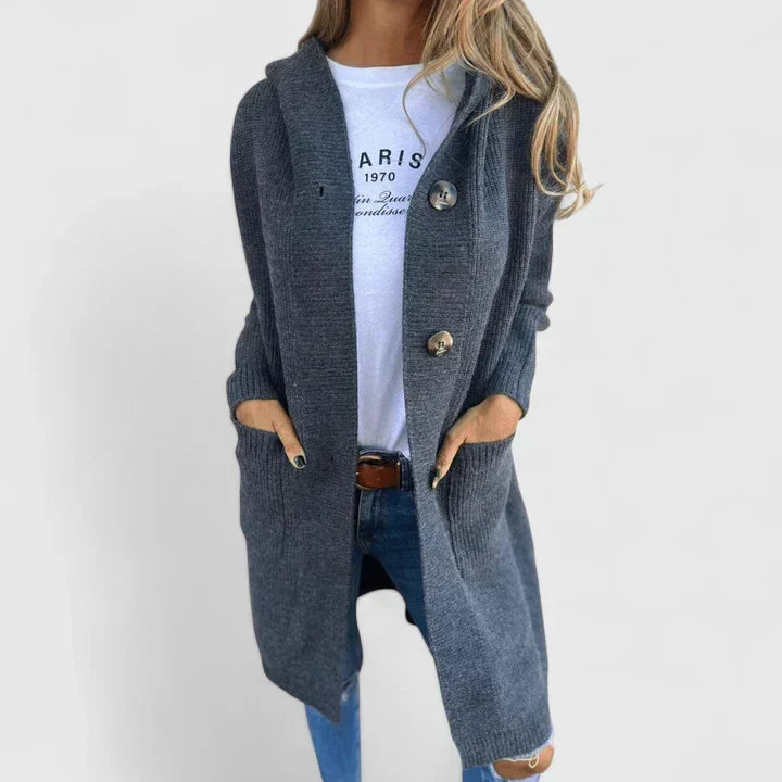 Gilet long à capuche boutonné en maille côtelée