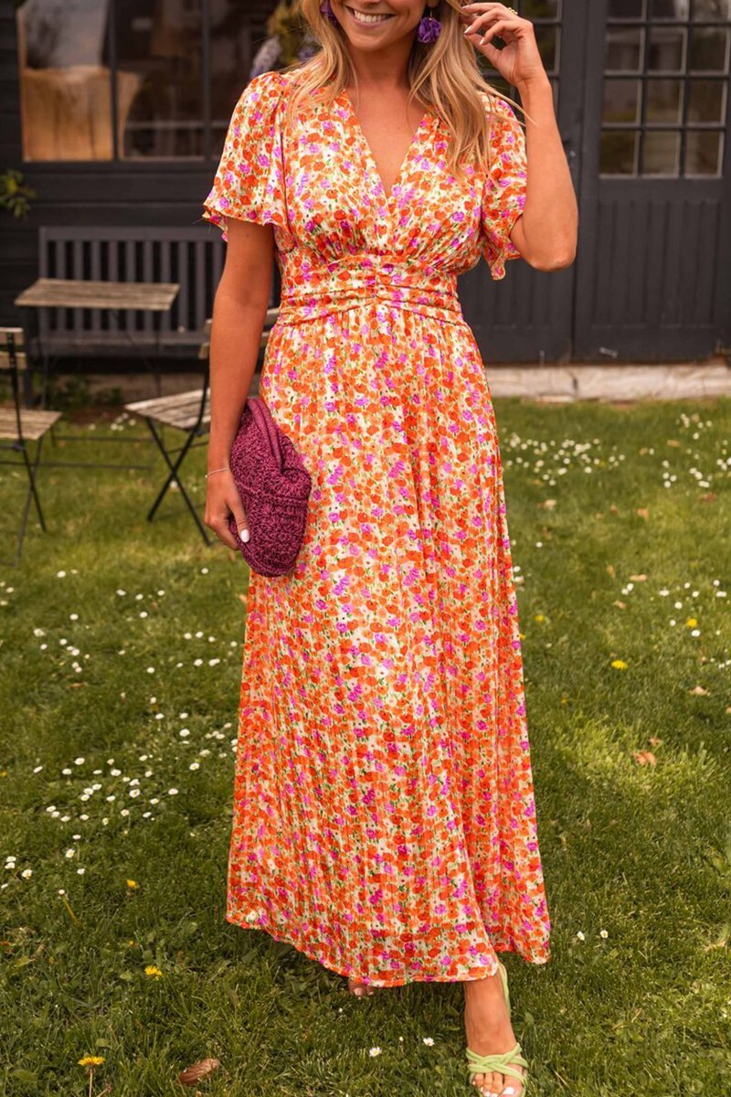 Romaine | Robe Longue Fleurie Col V Plissée pour Mariage Invitée