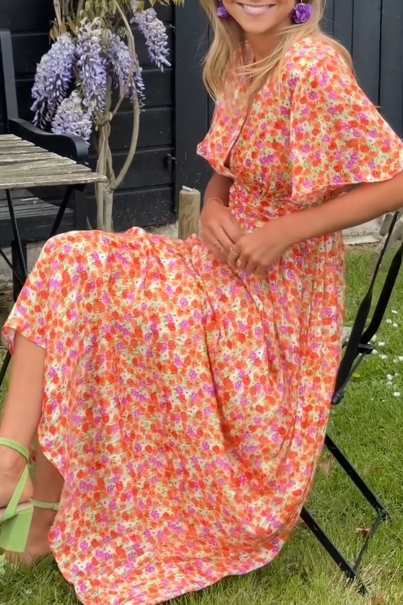 Romaine | Robe Longue Fleurie Col V Plissée pour Mariage Invitée