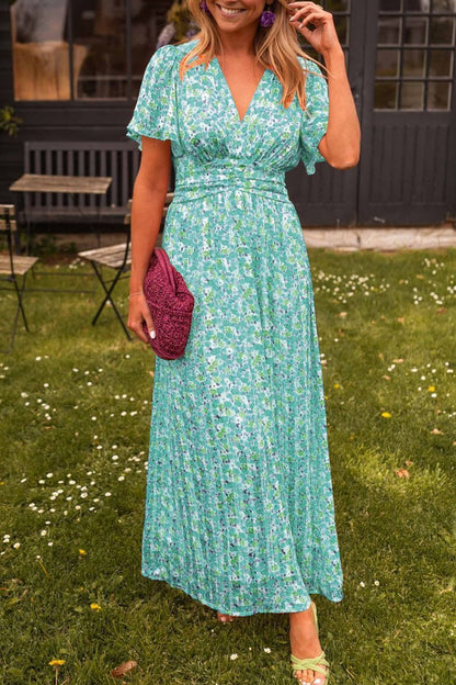 Romaine | Robe Longue Fleurie Col V Plissée pour Mariage Invitée