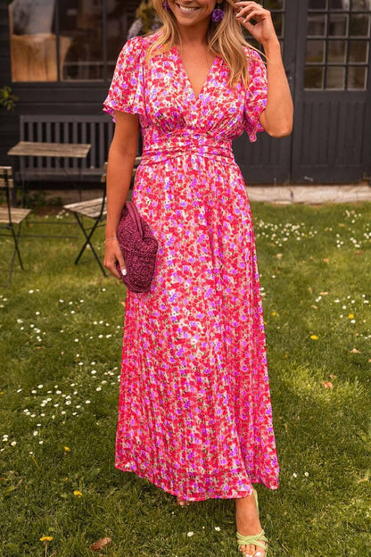 Romaine | Robe Longue Fleurie Col V Plissée pour Mariage Invitée