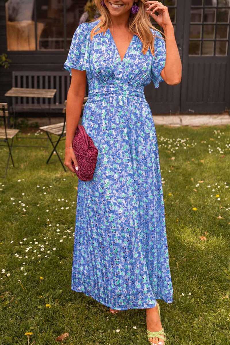 Romaine | Robe Longue Fleurie Col V Plissée pour Mariage Invitée