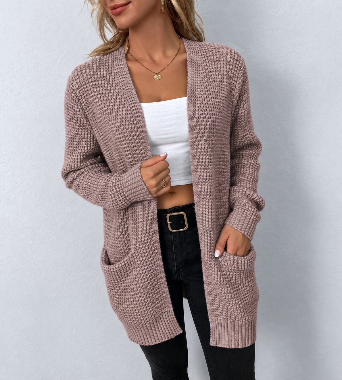 Gilet femme en maille gaufrée, poignets côtelés